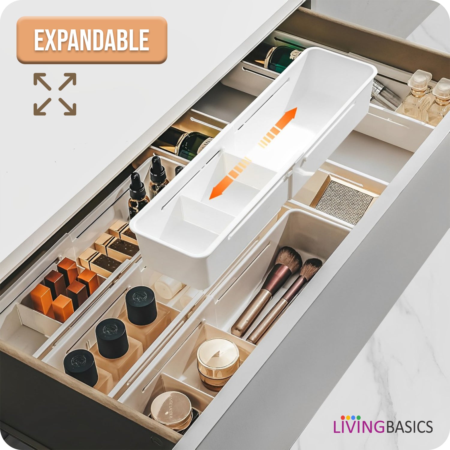 LivingBasics Expandable Kitchen Drawer Organizer /Drawer Divider / Expandable Drawer Tray / Kitchen Drawer Organizer / Drawer Fit Sliding Drawer Bin / Adjustable Kitchen Storage Organiser (White)