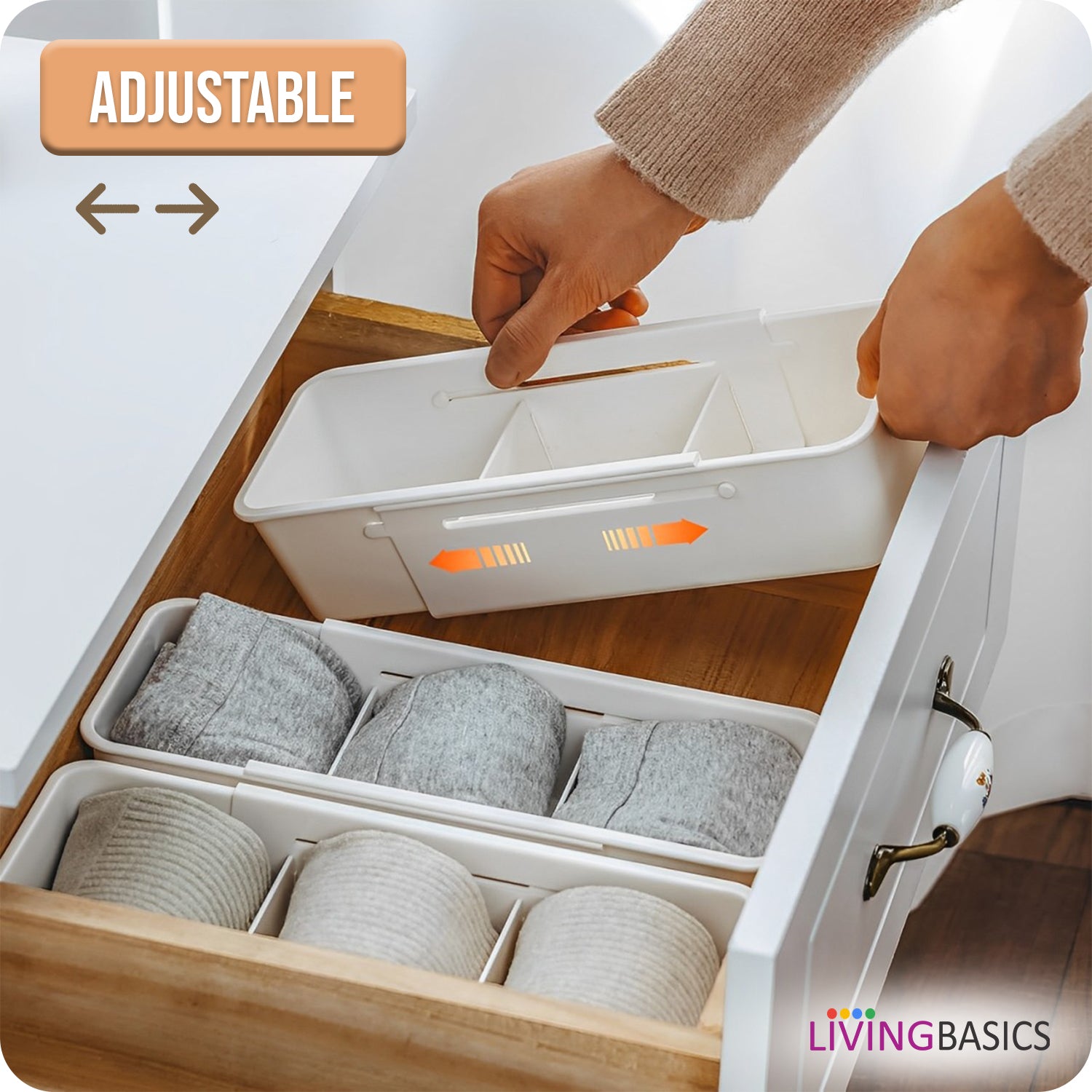 LivingBasics Expandable Kitchen Drawer Organizer /Drawer Divider / Expandable Drawer Tray / Kitchen Drawer Organizer / Drawer Fit Sliding Drawer Bin / Adjustable Kitchen Storage Organiser (White)