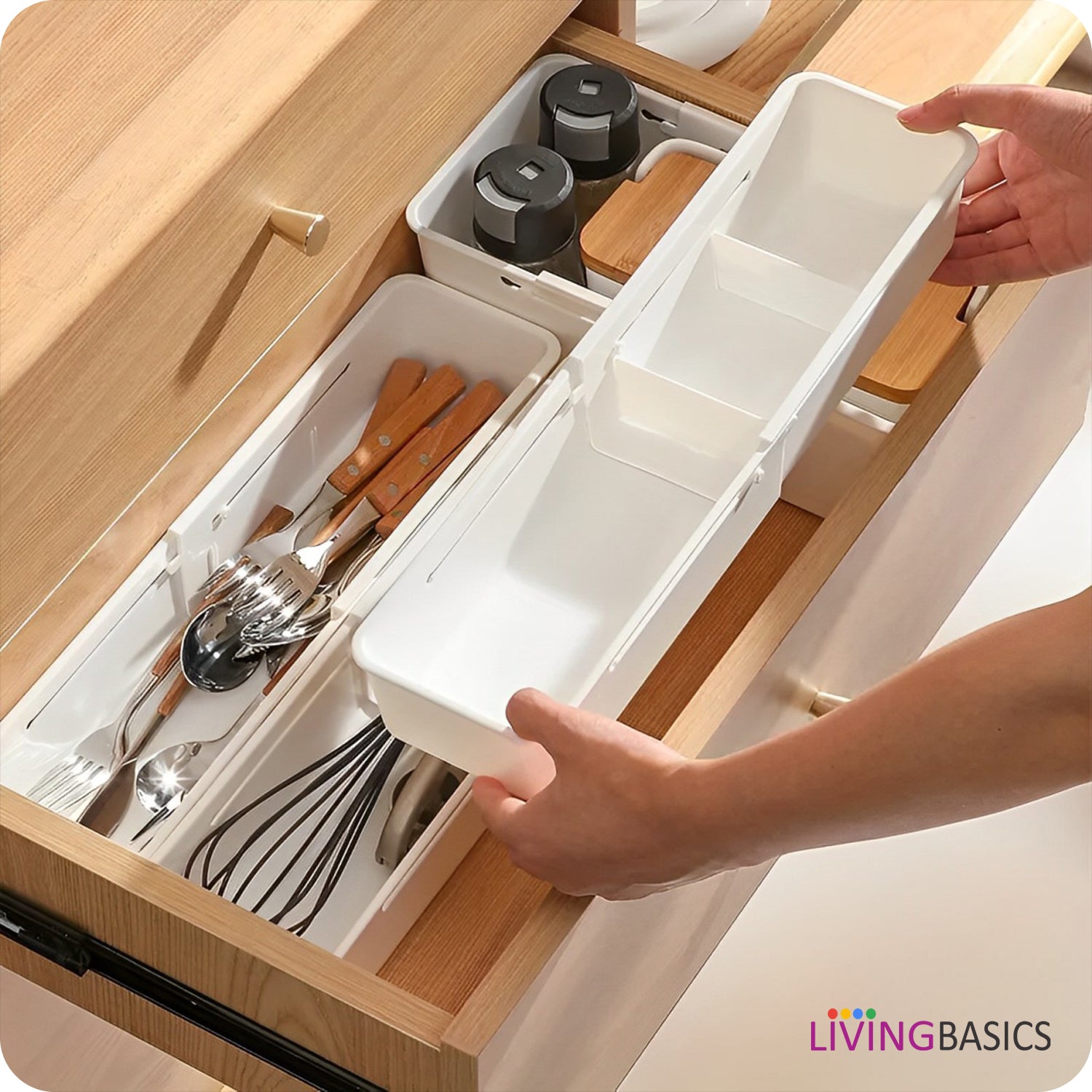 LivingBasics Expandable Kitchen Drawer Organizer /Drawer Divider / Expandable Drawer Tray / Kitchen Drawer Organizer / Drawer Fit Sliding Drawer Bin / Adjustable Kitchen Storage Organiser (White)