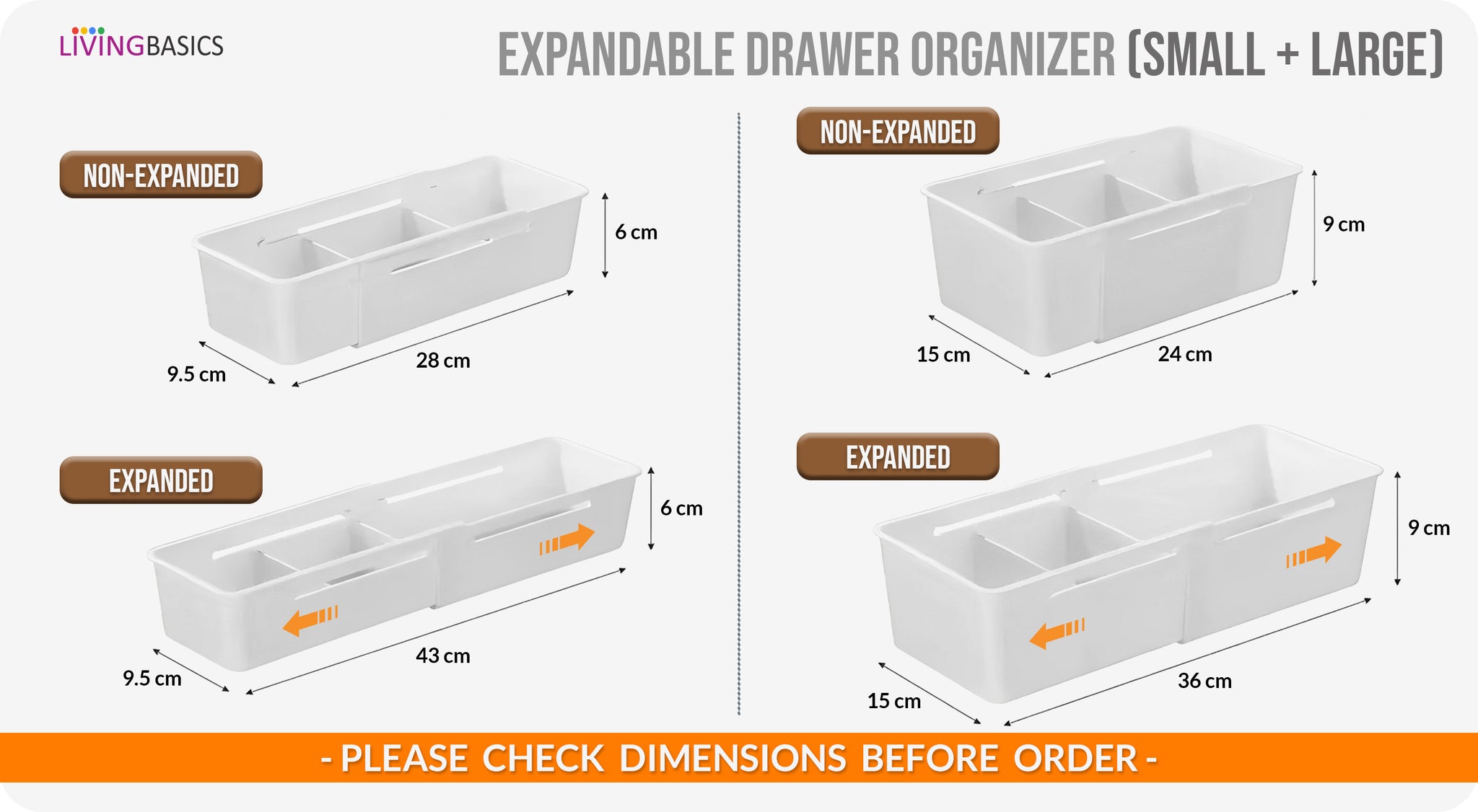 LivingBasics Expandable Kitchen Drawer Organizer /Drawer Divider / Expandable Drawer Tray / Kitchen Drawer Organizer / Drawer Fit Sliding Drawer Bin / Adjustable Kitchen Storage Organiser (White)